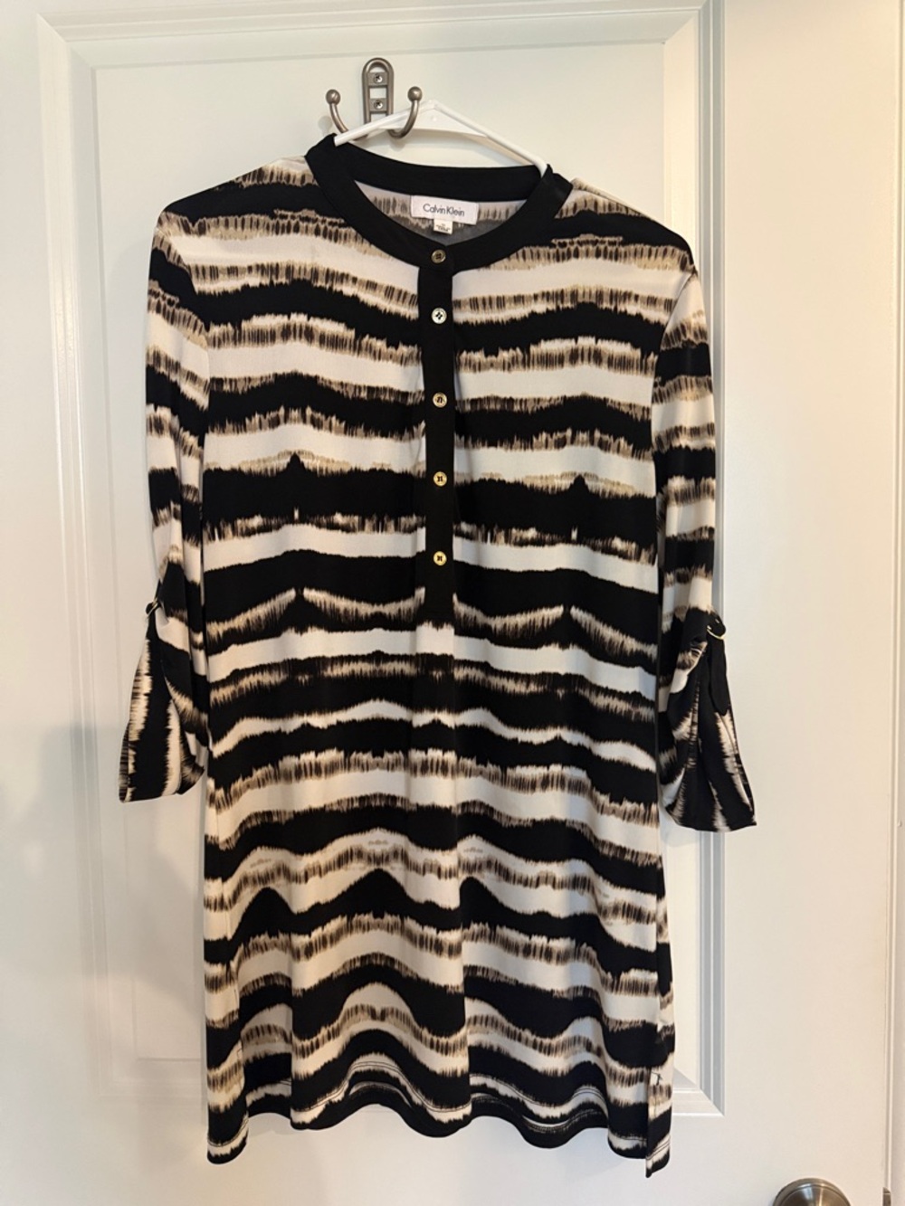 Calvin Klein Black & Cream Striped Henley Tunic
